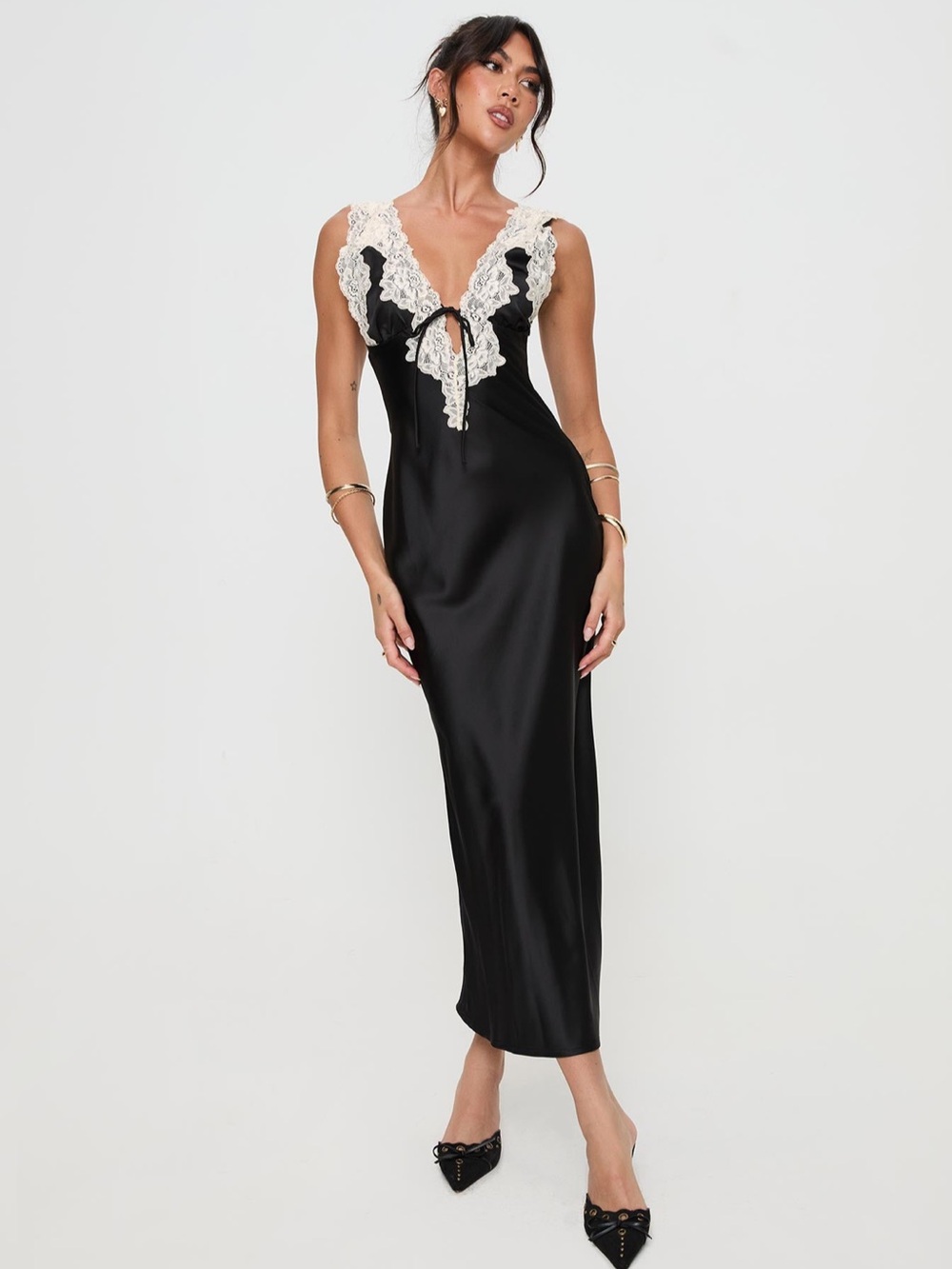 PrincessPolly Nourish Maxi Dress Black Satin Lace-Trim, Size 0